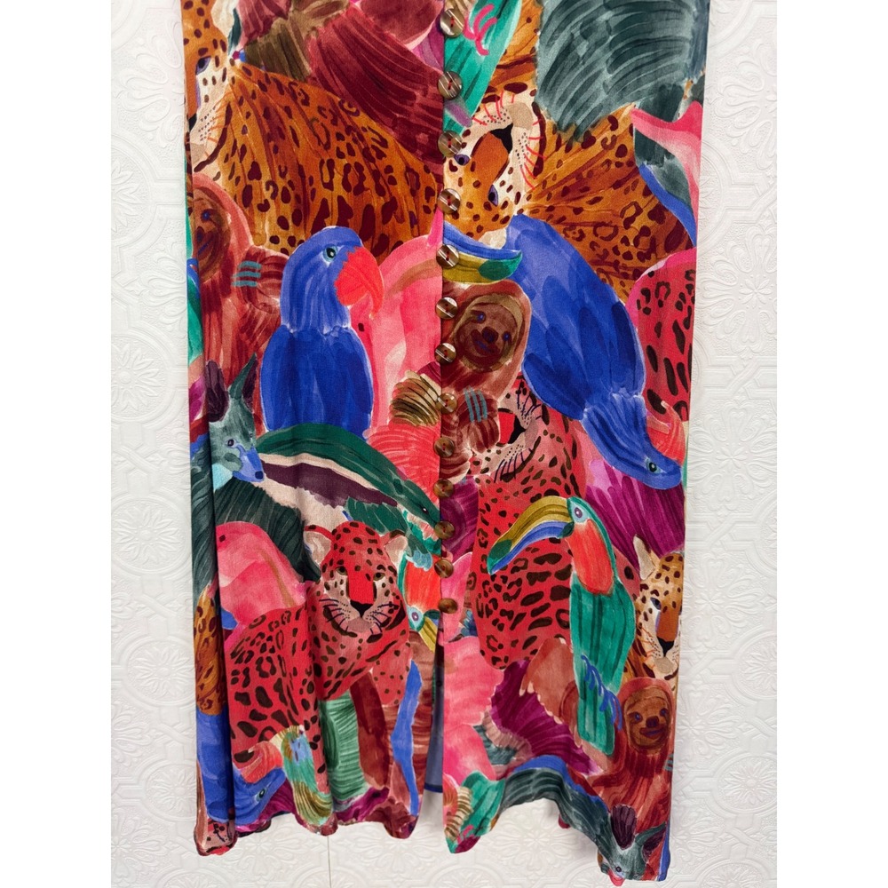 Farm Rio Jungle Animals Button Front Midi Dress Tropical Leopard Toucan Sloth - Picture 6 of 13